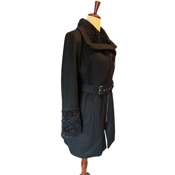 Guess Wool Blend Belted Coat XL Black Faux Fur Collar & Cuffs Winter Jacket - Picture 4 of 14
